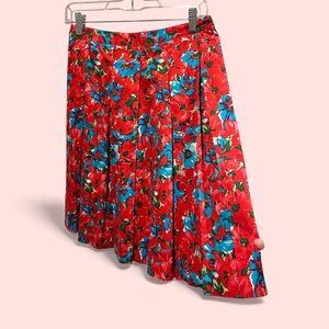 Cute rosy red blue floral Talbots cotton with stretch lined pleated skirt mini